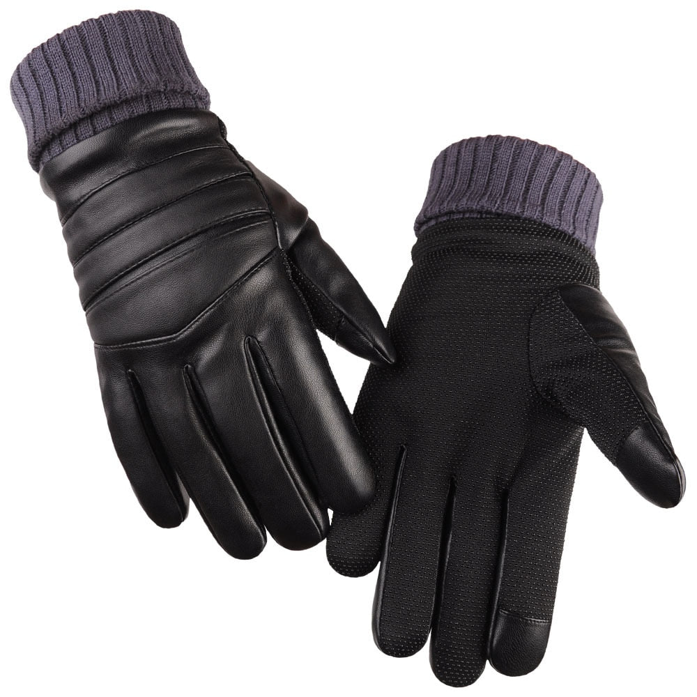 Mens Long Leather Gloves Wool Warm Touchscreen Gloves Waterproof Fur Mittens Heated Cashmere Gloves Motorcycle Gants Winter