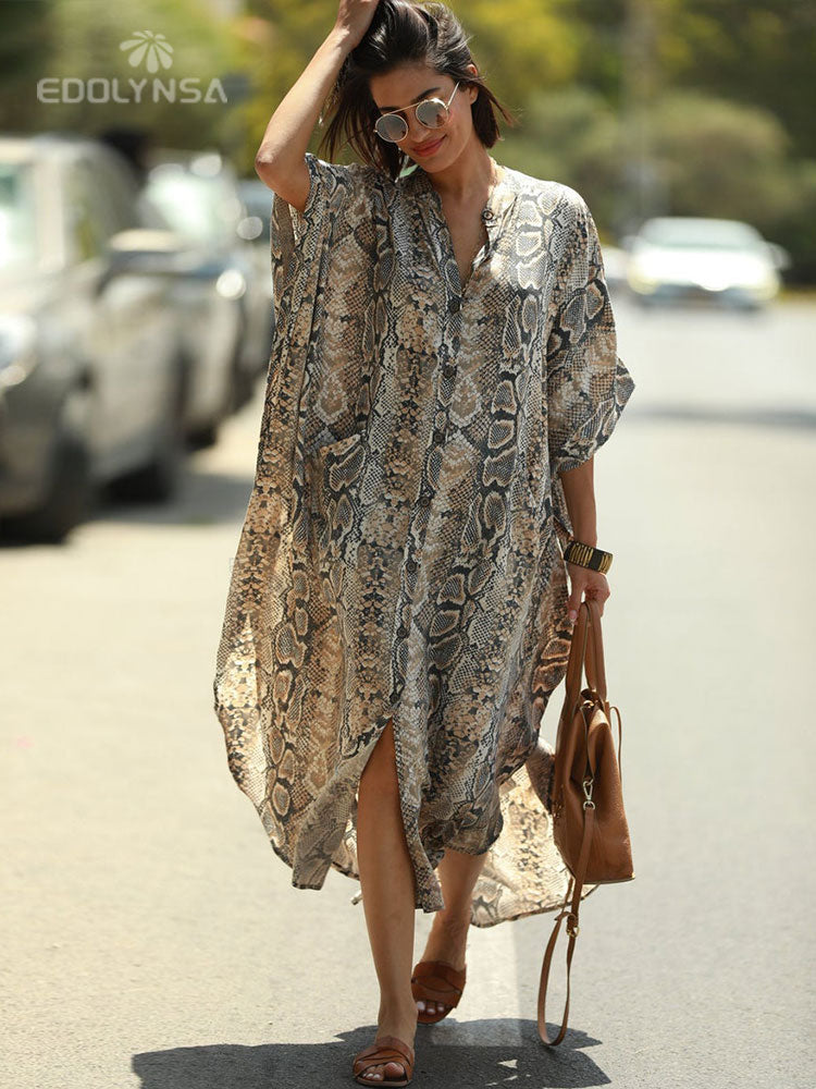 2023 Sexy Cold Shoulder V Neck Bats Sleeve Loose Summer Beach Dress Plus Size Women Beachwear Kaftan Black Dress Q943