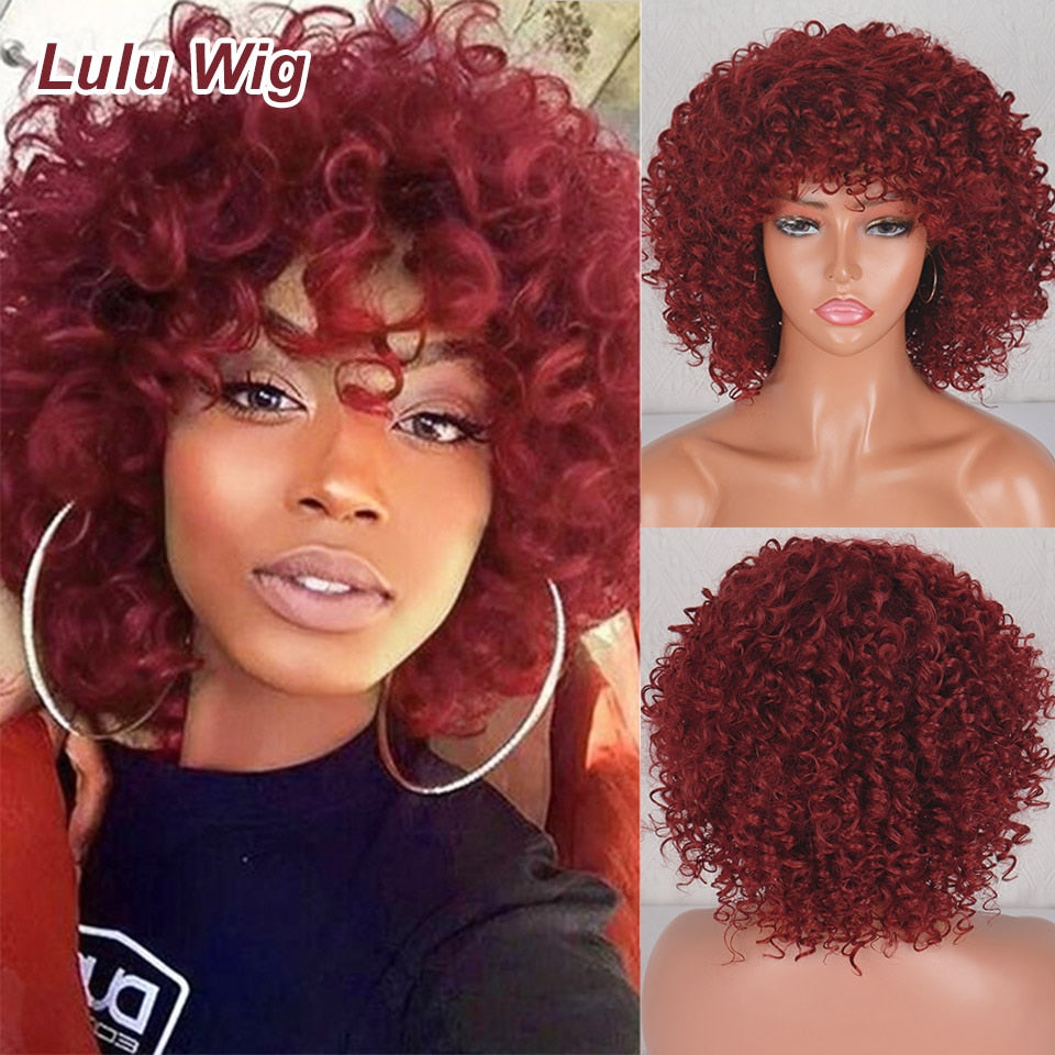 Short Curly Blonde Wig For Black Women Afro Kinky Curly Wig With Bangs Synthetic Natural Glueless Ombre Brown Blonde Cosplay Wig