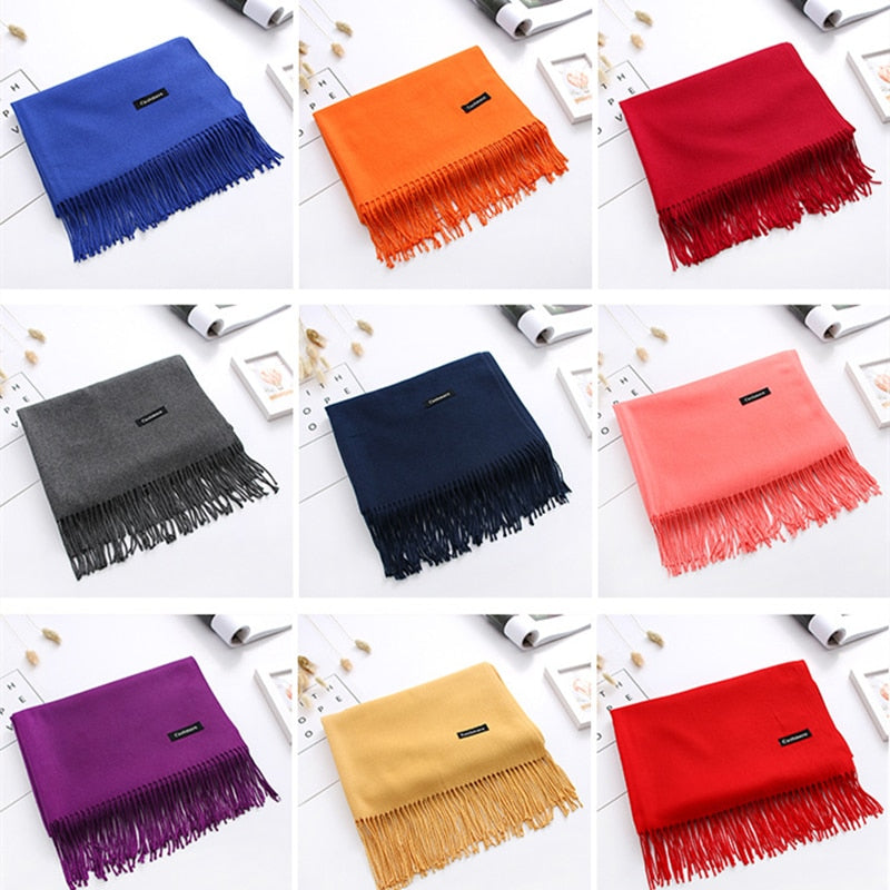 Luxury Solid Women Scarf Winter Cashmere Pashmina Shawls Warm Lady Blanket Wraps Bufanda Scarves Tassel Neck Echarpe 2022