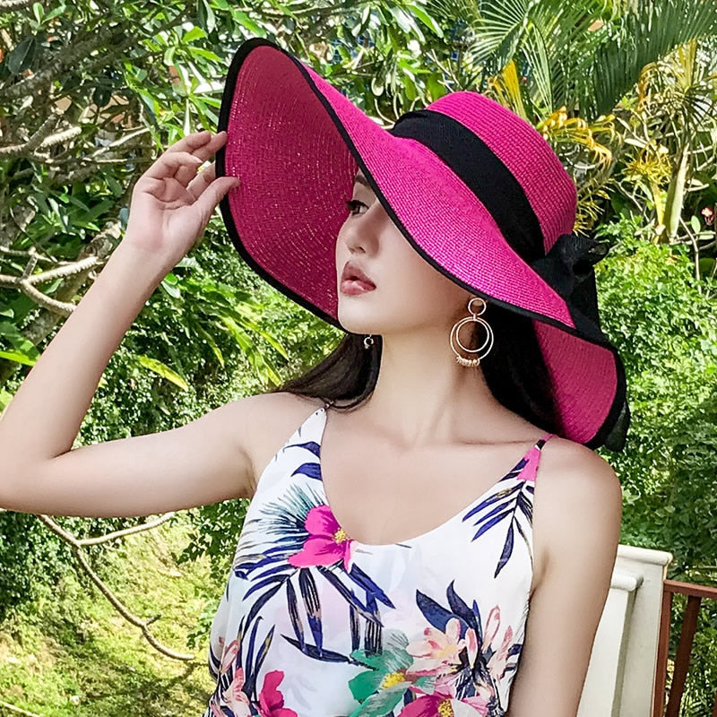 Women Summer Beach Travel Straw Hat Korean Seaside Big Hat Brim Sunblock Sunshade Holiday Foldable Fashion Big Cool Hat