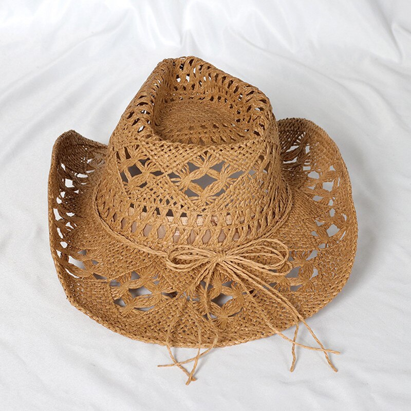 Cowboy hat fashion hollow handmade cowboy straw hat men's summer outdoor travel beach hat unisex solid color western cowboy hat