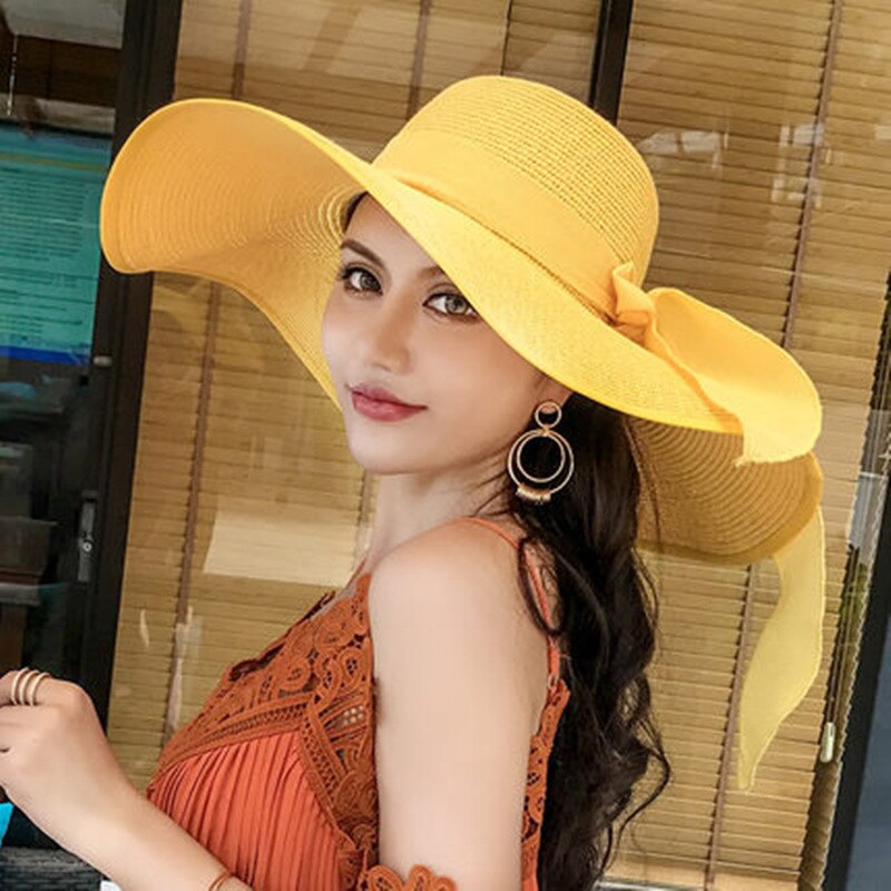 Women Summer Beach Travel Straw Hat Korean Seaside Big Hat Brim Sunblock Sunshade Holiday Foldable Fashion Big Cool Hat