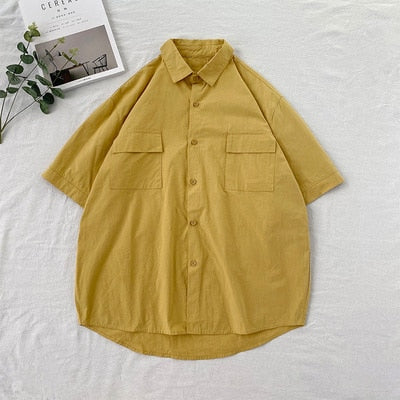 Short Sleeve Shirts Men Solid Candy Colors Loose Summer Couple Turn-down Collar Simple Pockets Fashion Harajuku Chemise Homme