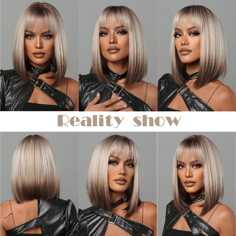 Short Straight Synthetic Wigs for Women Blonde to Brown Ombre Bob Wigs with Bangs Daily Cosplay Party Heat Resistant Fake Hair