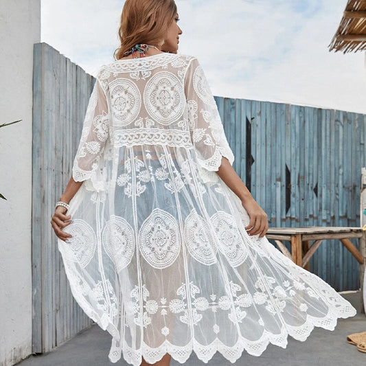 Sexy Women Beach Long Blouse Floral Sheer Lace Summer Cardigan Long Kimono Kaftan White Lace Long Maxi Wrap Top Cover Up