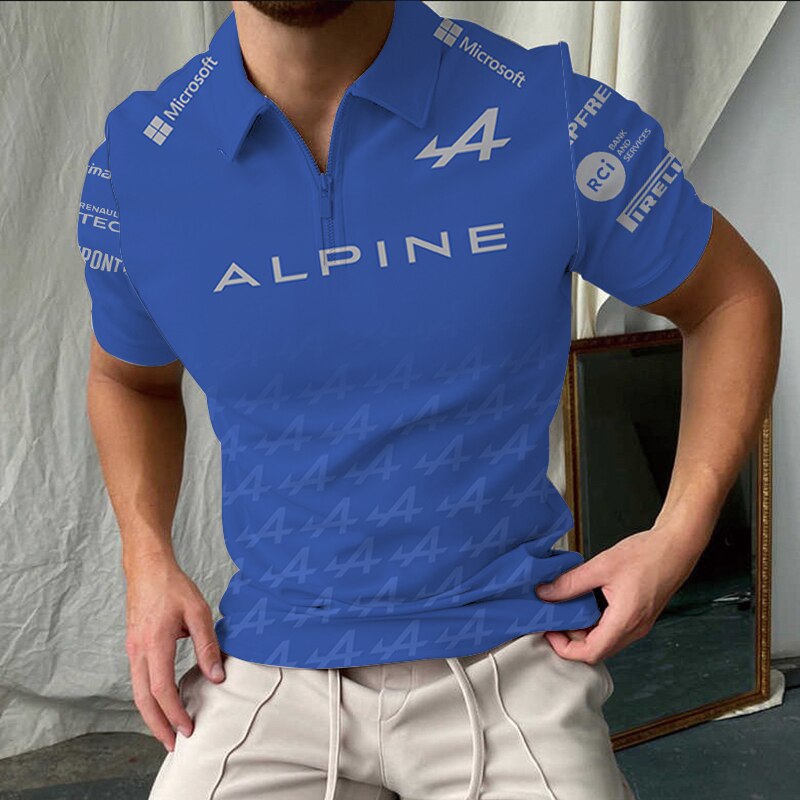 Alpine Polo Shirts Alonso F1 Team Formula One Racing Car 3D Print Tees Tops Men Sports Casual Turn-Down Collar Zipper Polo Shirt