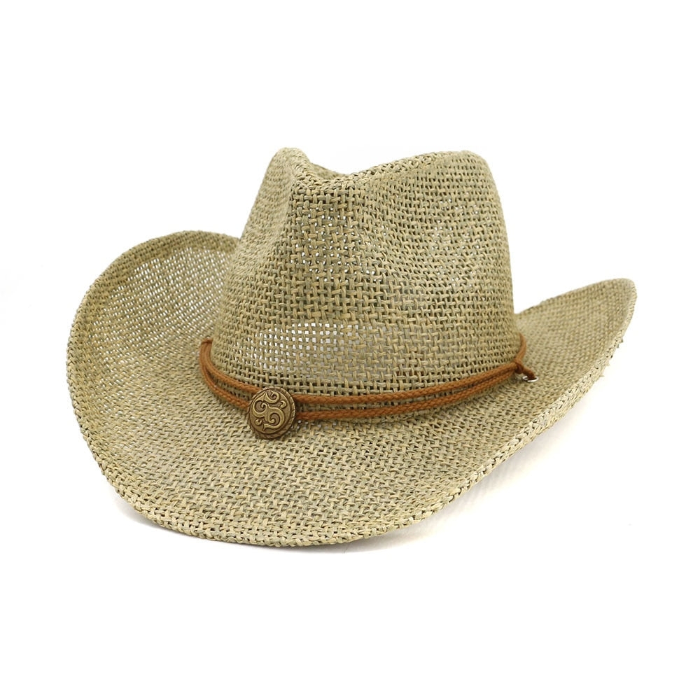 Cowboy hat fashion hollow handmade cowboy straw hat men's summer outdoor travel beach hat unisex solid color western cowboy hat