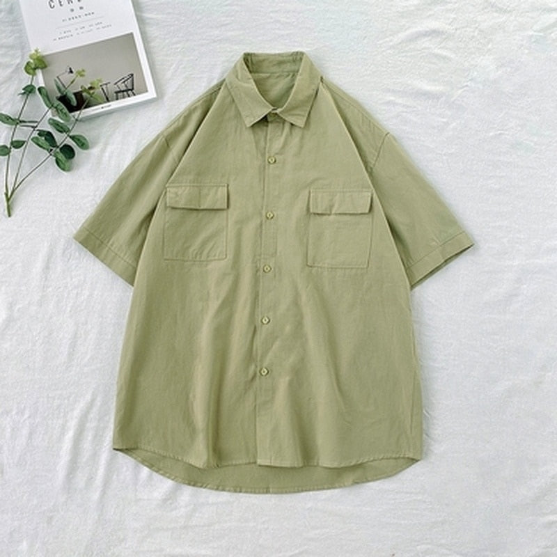 Short Sleeve Shirts Men Solid Candy Colors Loose Summer Couple Turn-down Collar Simple Pockets Fashion Harajuku Chemise Homme