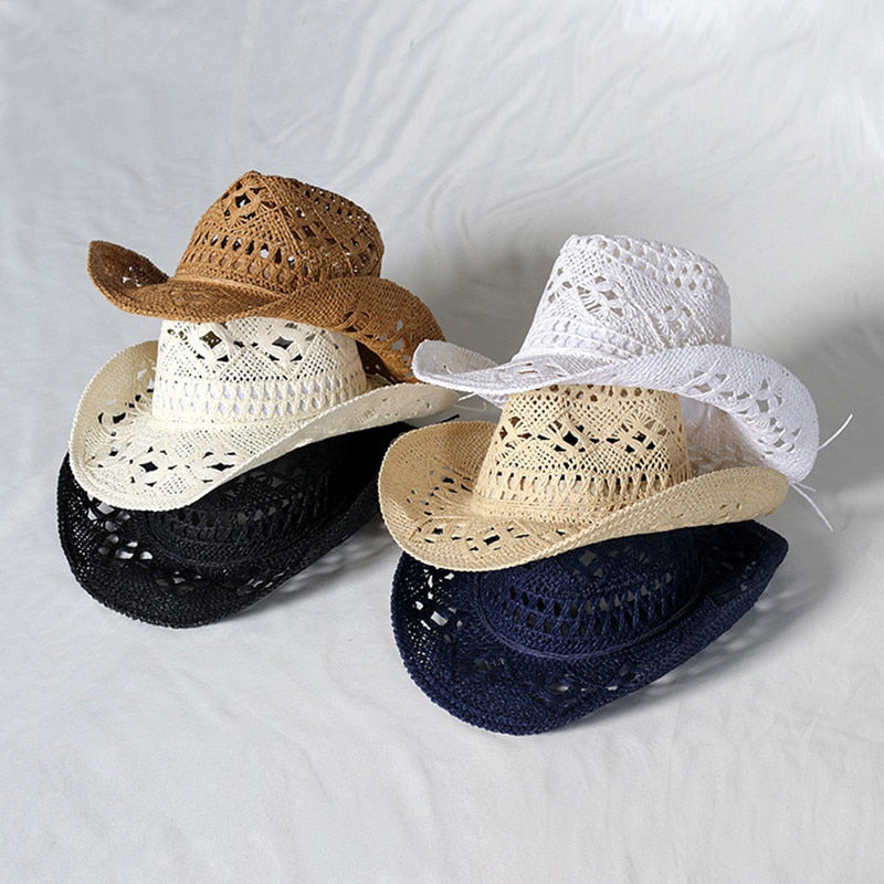 Cowboy hat fashion hollow handmade cowboy straw hat men's summer outdoor travel beach hat unisex solid color western cowboy hat