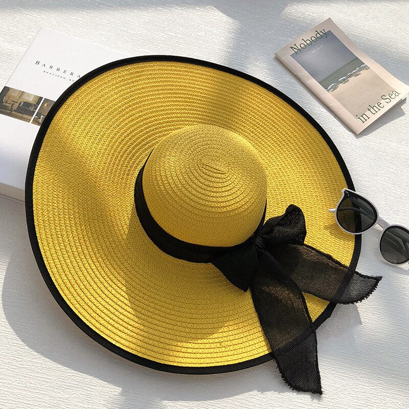 Women Summer Beach Travel Straw Hat Korean Seaside Big Hat Brim Sunblock Sunshade Holiday Foldable Fashion Big Cool Hat