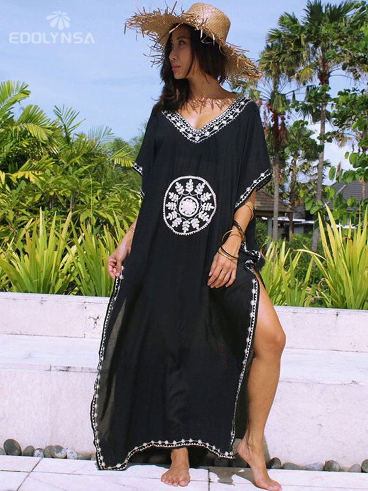 2023 Sexy Cold Shoulder V Neck Bats Sleeve Loose Summer Beach Dress Plus Size Women Beachwear Kaftan Black Dress Q943