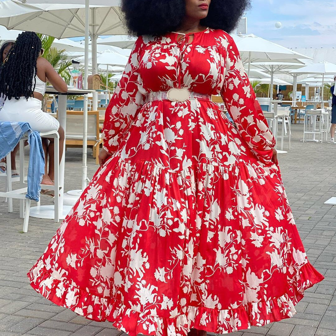 4xl 5xl Oversized African Dress Red Floral Printed Long Sleeve Floor Length Elegant Evening Party Vestidos Mujer Dress Maxi New