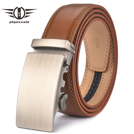 Plyesxale Brown Leather Belt Men 2022 Automatic Buckle Mens Belt For Jeans Vintage Style Mens Belts Luxury Ceinture Homme B9