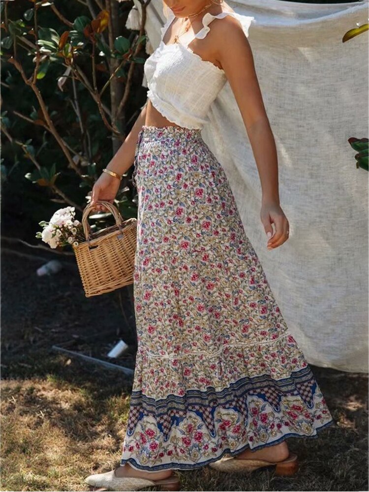 High Waist Long Skirts Womens Boho A-line Full Skirt Floral Print Drawstring Lace-Up Maxi Clothes White 2022 Summer Red Bohemian