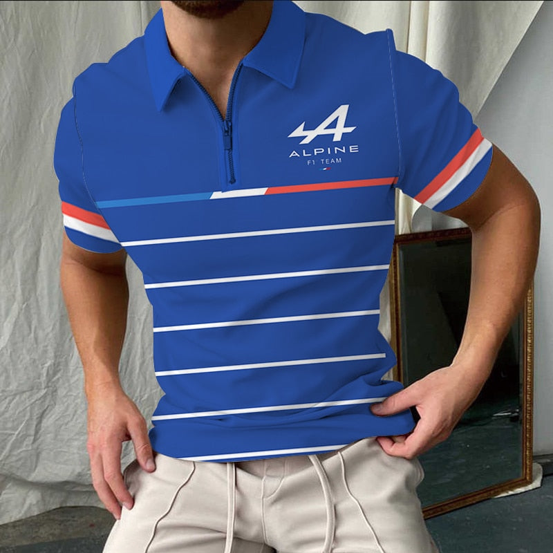 Alpine Polo Shirts Alonso F1 Team Formula One Racing Car 3D Print Tees Tops Men Sports Casual Turn-Down Collar Zipper Polo Shirt