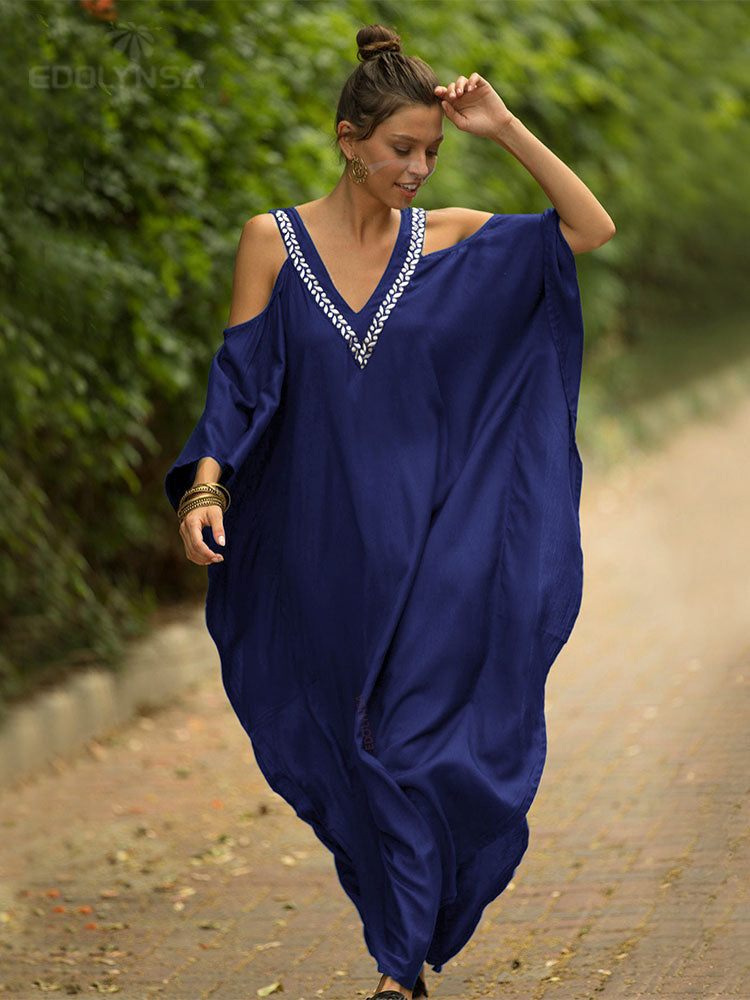 2023 Sexy Cold Shoulder V Neck Bats Sleeve Loose Summer Beach Dress Plus Size Women Beachwear Kaftan Black Dress Q943