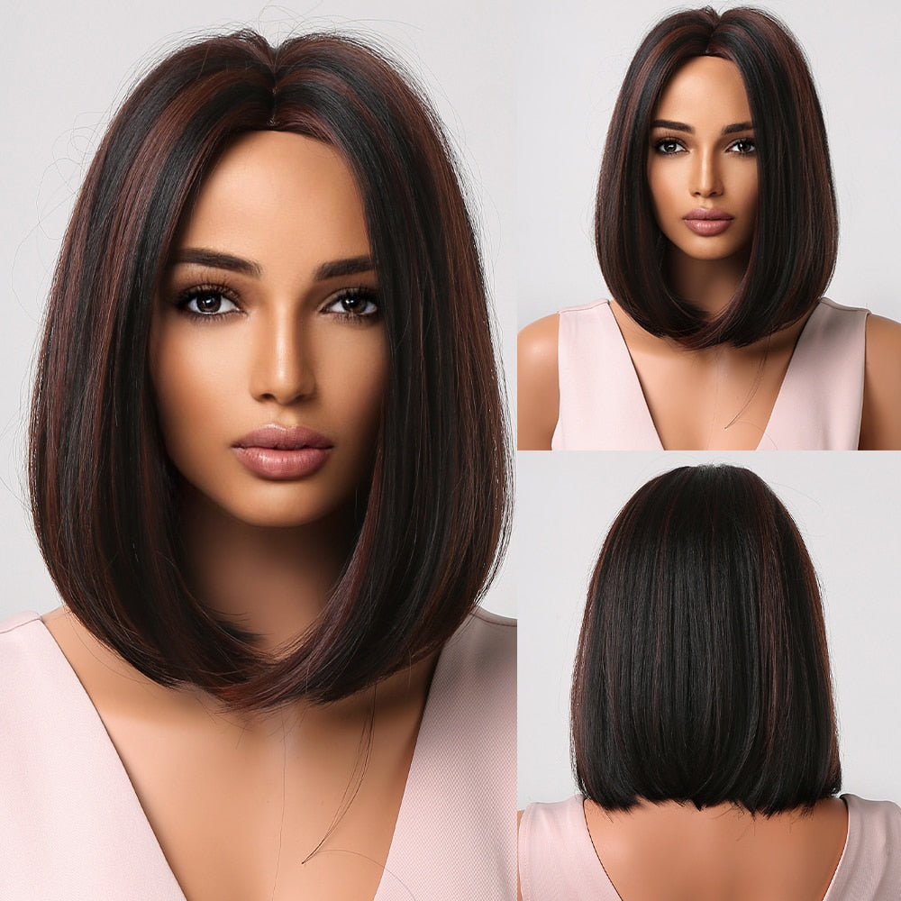 Short Straight Synthetic Wigs for Women Blonde to Brown Ombre Bob Wigs with Bangs Daily Cosplay Party Heat Resistant Fake Hair