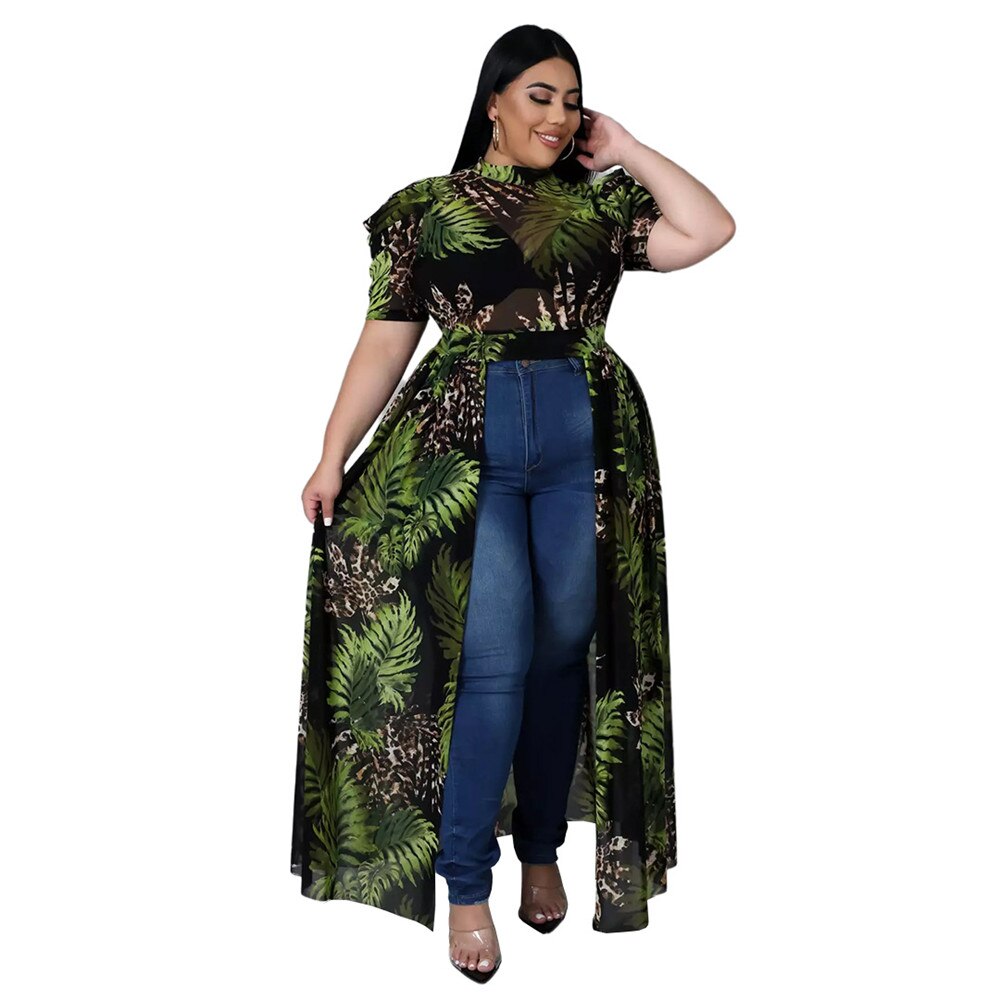 Wmstar Plus Size Plus Size T-Shirts Print Women Tops Puff Short Sleeve Mesh See Through Sexy Chiffon Bulk Wholesale Dropshipping