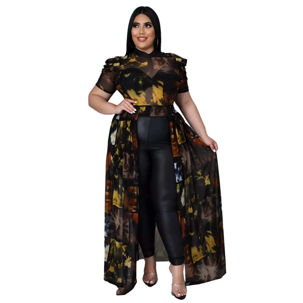 Wmstar Plus Size Plus Size T-Shirts Print Women Tops Puff Short Sleeve Mesh See Through Sexy Chiffon Bulk Wholesale Dropshipping