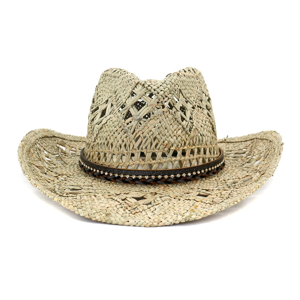 Cowboy hat fashion hollow handmade cowboy straw hat men's summer outdoor travel beach hat unisex solid color western cowboy hat