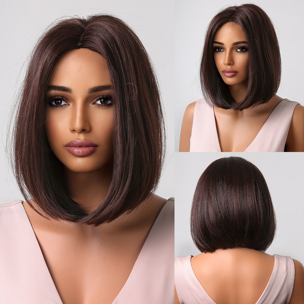 Short Straight Synthetic Wigs for Women Blonde to Brown Ombre Bob Wigs with Bangs Daily Cosplay Party Heat Resistant Fake Hair