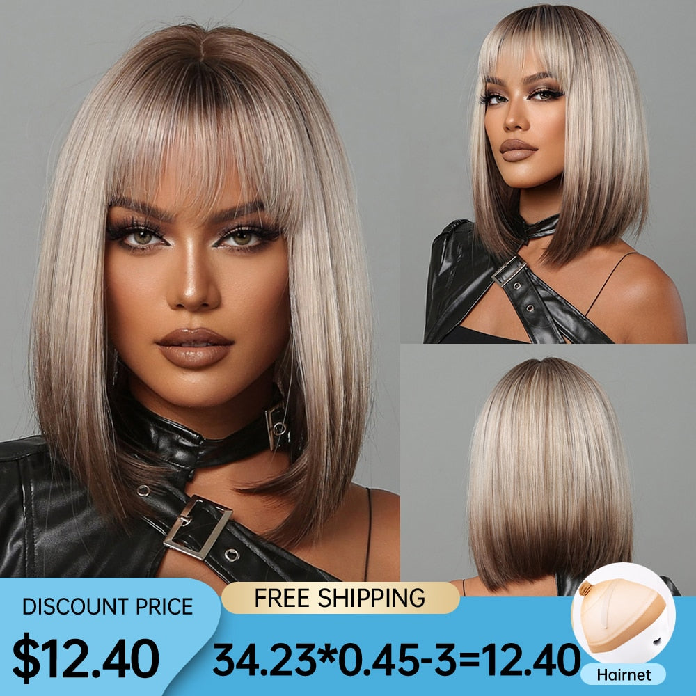 Short Straight Synthetic Wigs for Women Blonde to Brown Ombre Bob Wigs with Bangs Daily Cosplay Party Heat Resistant Fake Hair