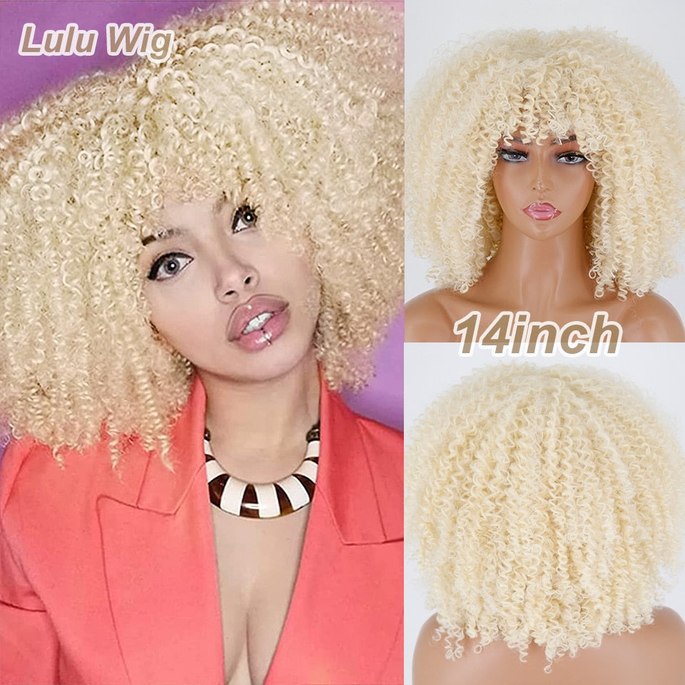 Short Curly Blonde Wig For Black Women Afro Kinky Curly Wig With Bangs Synthetic Natural Glueless Ombre Brown Blonde Cosplay Wig