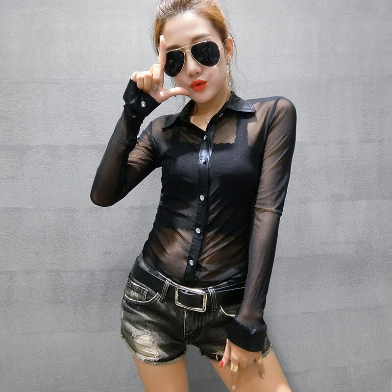 Mesh Transparent Blouse shirt 2023 Cardigan Long Sleeve Slim Womens Tops Nightclub See Through Women Top Sexy women Shirt 196C