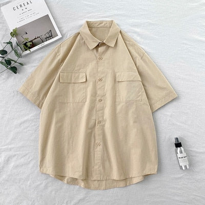 Short Sleeve Shirts Men Solid Candy Colors Loose Summer Couple Turn-down Collar Simple Pockets Fashion Harajuku Chemise Homme