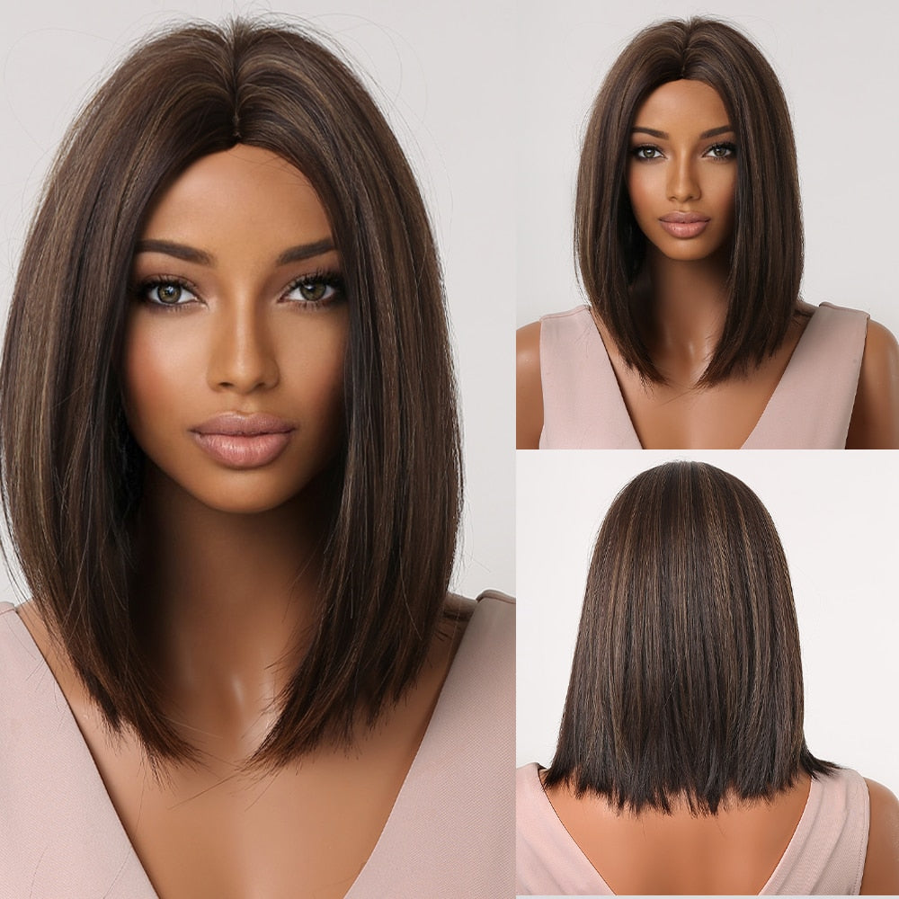 Short Straight Synthetic Wigs for Women Blonde to Brown Ombre Bob Wigs with Bangs Daily Cosplay Party Heat Resistant Fake Hair