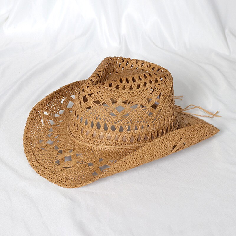 Cowboy hat fashion hollow handmade cowboy straw hat men's summer outdoor travel beach hat unisex solid color western cowboy hat