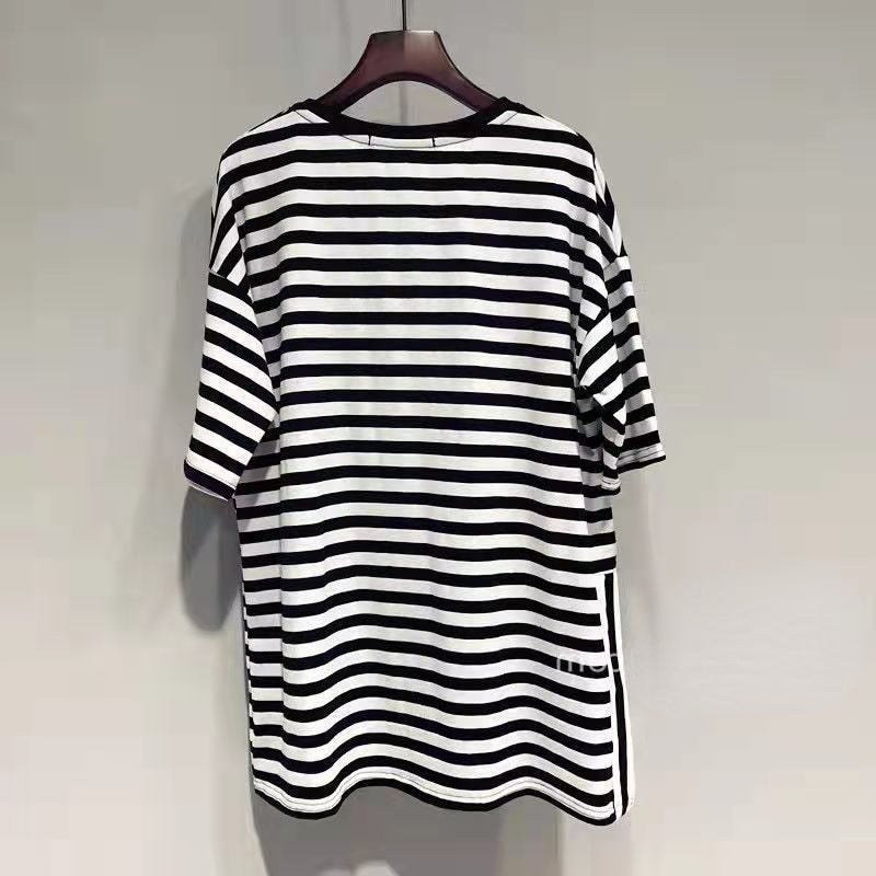 DAYIFUN Striped T Shirts Women Plus Size Side Slit O Neck Short Sleeve T-shirt 2022 Summer Loose Mid-length Half-sleeve Tee Lady