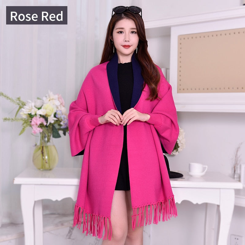 Women Winter Poncho with Sleeve Shawls and Wraps Pashmina Red Thicken Scarf Stoles Femme Hiver Warm Reversible Ponchos and Capes