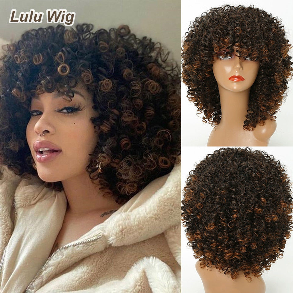 Short Curly Blonde Wig For Black Women Afro Kinky Curly Wig With Bangs Synthetic Natural Glueless Ombre Brown Blonde Cosplay Wig