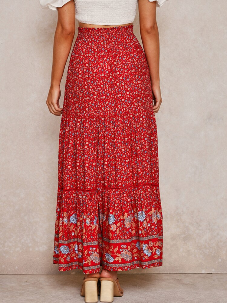 High Waist Long Skirts Womens Boho A-line Full Skirt Floral Print Drawstring Lace-Up Maxi Clothes White 2022 Summer Red Bohemian