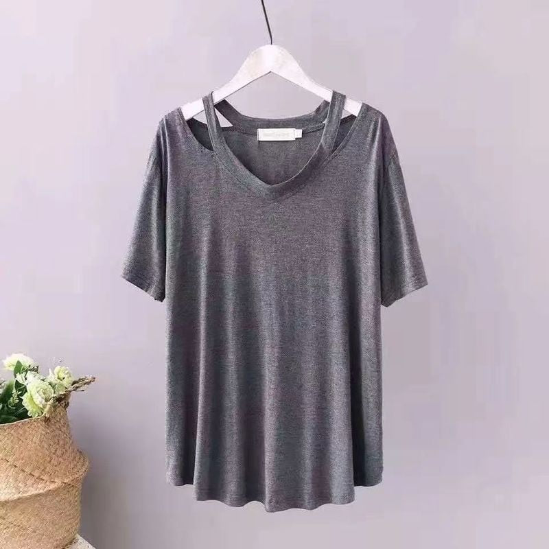 DAYIFUN Plus Size 150KG Women Large Tshirts Black Tops Lady Loose Short Sleeve T-shirts Summer V Neck Hollow-out Tees for Femme