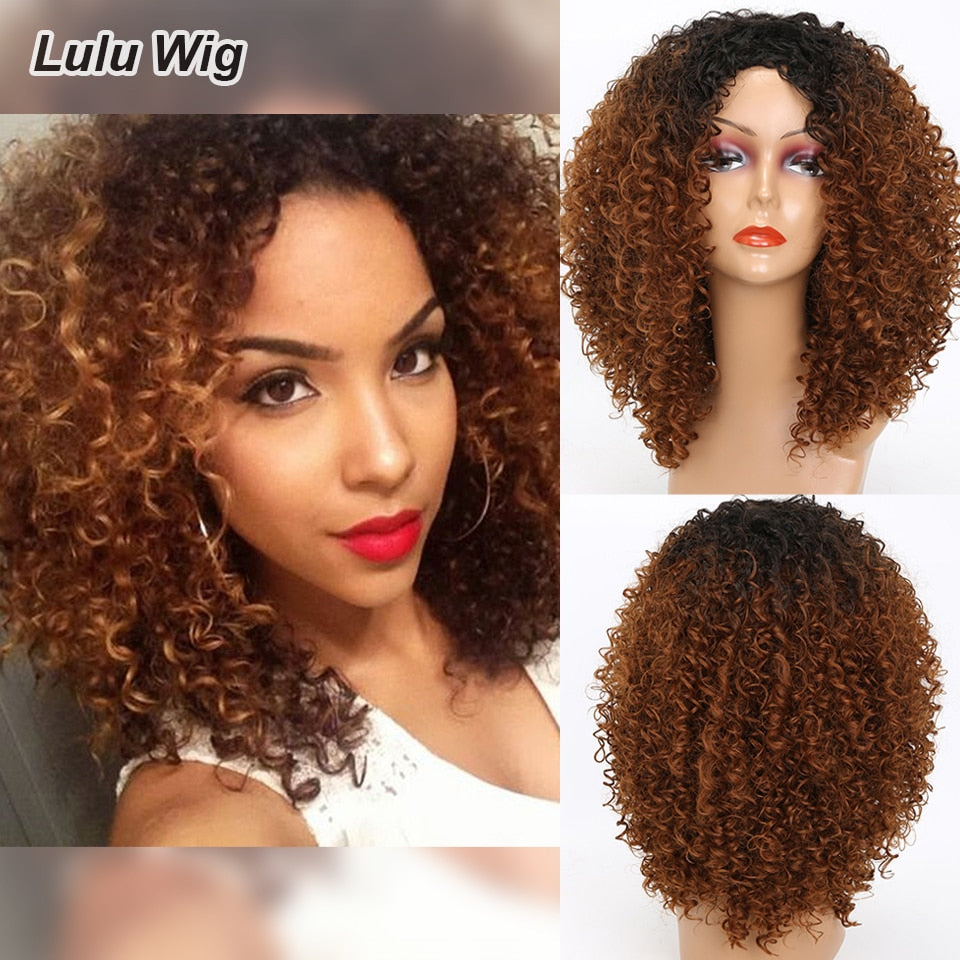 Short Curly Blonde Wig For Black Women Afro Kinky Curly Wig With Bangs Synthetic Natural Glueless Ombre Brown Blonde Cosplay Wig