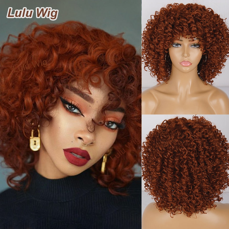 Short Curly Blonde Wig For Black Women Afro Kinky Curly Wig With Bangs Synthetic Natural Glueless Ombre Brown Blonde Cosplay Wig