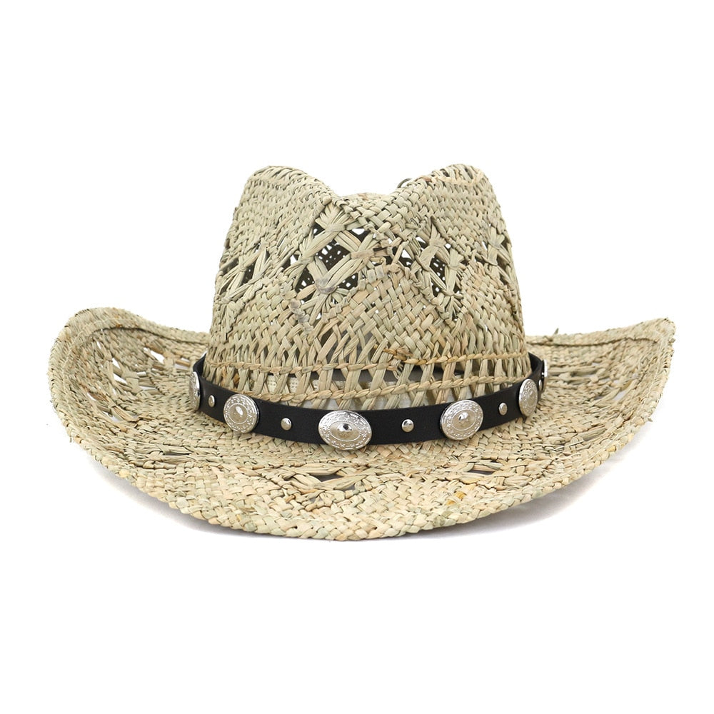 Cowboy hat fashion hollow handmade cowboy straw hat men's summer outdoor travel beach hat unisex solid color western cowboy hat