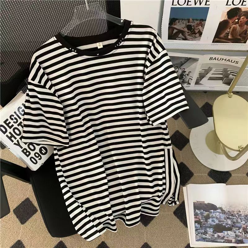 DAYIFUN Striped T Shirts Women Plus Size Side Slit O Neck Short Sleeve T-shirt 2022 Summer Loose Mid-length Half-sleeve Tee Lady