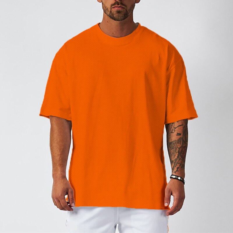 Plain Mesh Fitness Mens Oversized T Shirt Outdoor Hip Hop Streetwear Loose Gym Clothing Half Sleeve T-shirt Bodybuilding Tshirt