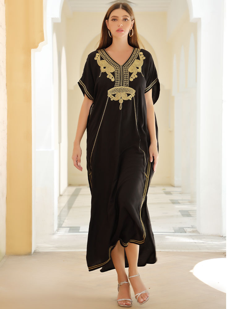 2023 Sexy Cold Shoulder V Neck Bats Sleeve Loose Summer Beach Dress Plus Size Women Beachwear Kaftan Black Dress Q943