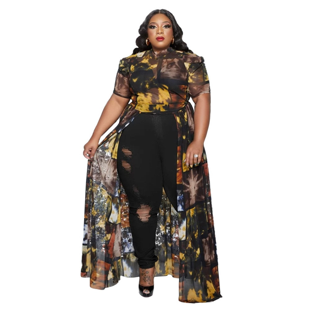 Wmstar Plus Size Plus Size T-Shirts Print Women Tops Puff Short Sleeve Mesh See Through Sexy Chiffon Bulk Wholesale Dropshipping