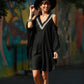 2023 Sexy Cold Shoulder V Neck Bats Sleeve Loose Summer Beach Dress Plus Size Women Beachwear Kaftan Black Dress Q943