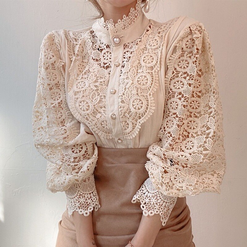 Chic Hollow Out Flower Lace Shirt Stand-Collar All-Match Summer Blouses 2023 Petal Sleeve Patchwork Women Top Femme Blusas 12419