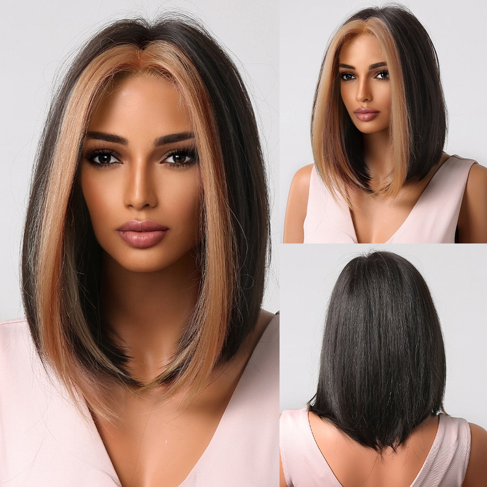 Short Straight Synthetic Wigs for Women Blonde to Brown Ombre Bob Wigs with Bangs Daily Cosplay Party Heat Resistant Fake Hair