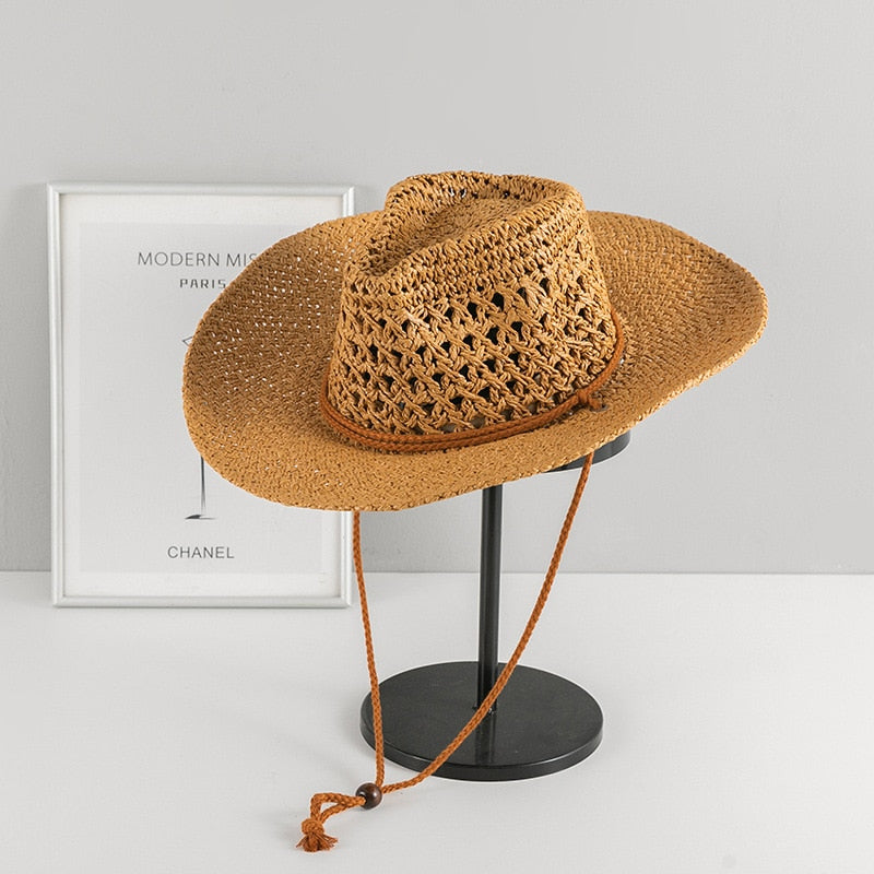 Cowboy hat fashion hollow handmade cowboy straw hat men's summer outdoor travel beach hat unisex solid color western cowboy hat