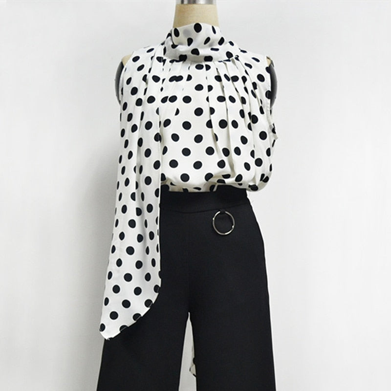 Plus Size Bow Print Big Dot Turtleneck Blouses Shirts 4XL 5XL Streetwear Sleeveless Loose Blouse