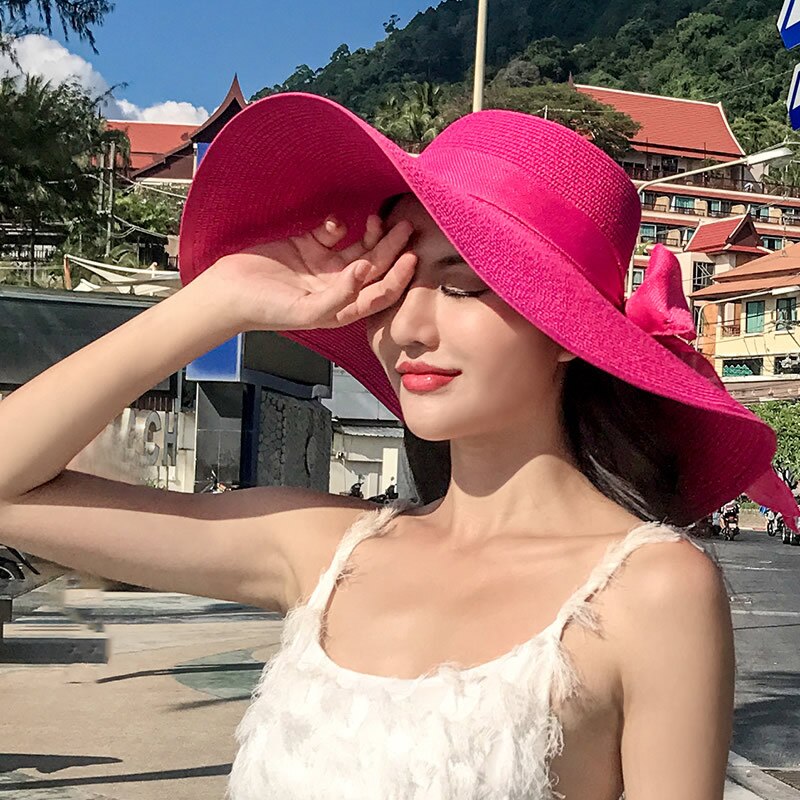 Women Summer Beach Travel Straw Hat Korean Seaside Big Hat Brim Sunblock Sunshade Holiday Foldable Fashion Big Cool Hat